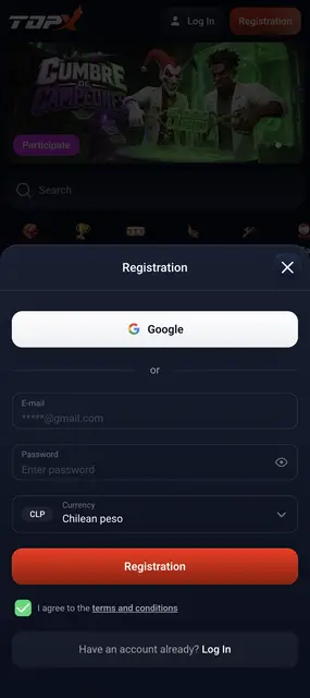 Web móvil de TopX, pantalla de registro con el peso chileno como moneda