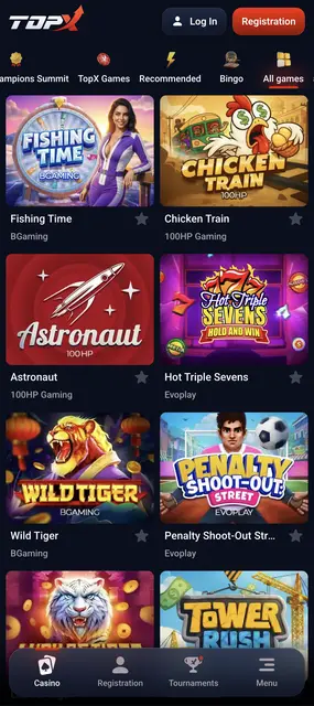 Web móvil de TopX, catálogo completo de juegos